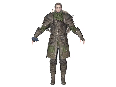 Medieval Armored Character In Leather Metal Armor Standing With Green Scarf Outstretched Arms 3d model