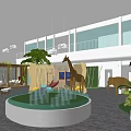 Bright Modern Sales Office With Green Plants Tree Trunks Tables Bookshelf And Large Windows