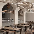 Modern Bar Interior Design With Arched Ceilings Wooden Tables And Pendant Lights