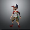 Child 3D Model Wearing Red White Blue Cap Red White Shirt Khaki Shorts Red Shoes