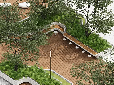 Modern Tree Pit Design With Trees Benches Green Plants And Wooden Landscape Deck 3d model