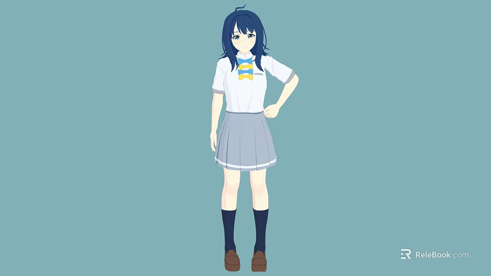 Young Woman In School Uniform With White Shirt Gray Pleated Skirt And Blue Hair 3d model 