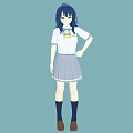 Young Woman In School Uniform With White Shirt Gray Pleated Skirt And Blue Hair
