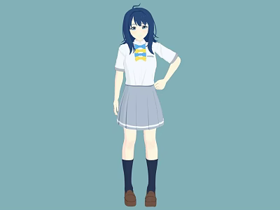 Young Woman In School Uniform With White Shirt Gray Pleated Skirt And Blue Hair 3d model