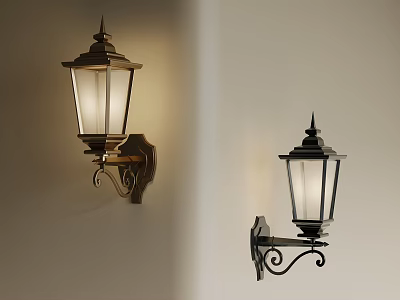 Vintage Wall Mounted Lanterns With Glass Shade Illuminated In Black Bronze 3d model