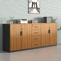 Wooden Office Cabinet With Drawers Doors Topped With Printer Clock Folders Plant Against Striped Wall