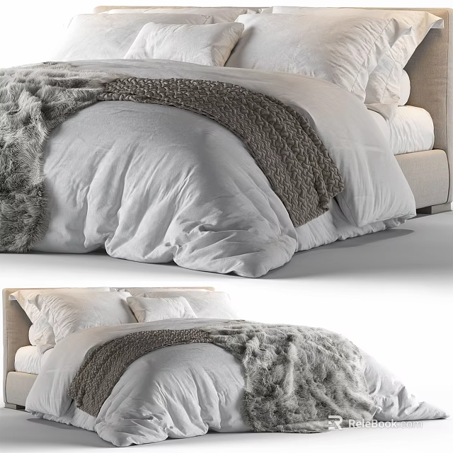 Cozy Modern Double Bed With White Comforter Gray Blanket And Fur Throw 3d model 