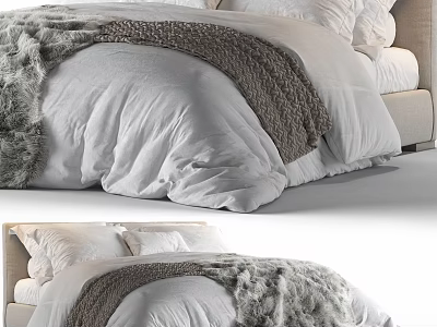 Cozy Modern Double Bed With White Comforter Gray Blanket And Fur Throw 3d model