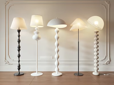 Modern Floor Lamps With Spiral Cylindrical Stacked Ball Bases And Elegant Lampshades In Minimalist Room 3d model