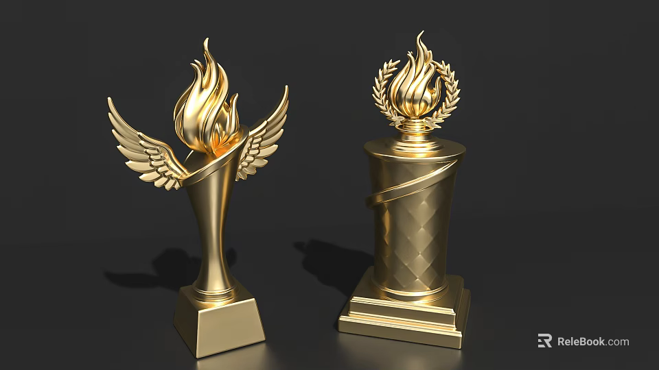 Golden Ornamental Decor Set With Winged Flame Trophy And Laurel Wreath Diamond Base 3d model 