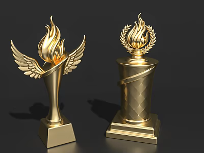 Golden Ornamental Decor Set With Winged Flame Trophy And Laurel Wreath Diamond Base 3d model