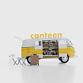 Yellow and White Canteen Van with Open Doors Shelves Items Foldable Tables Chairs and Signboard