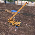 Yellow Crane Utility Vehicle Operating At Construction Site With High Rise Buildings And Traffic Cones