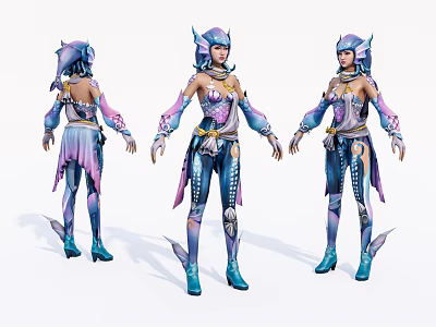 Game Movie Character in Ocean Themed Outfit with Shell Decorations Blue Purple Fish Fin Details 3d model