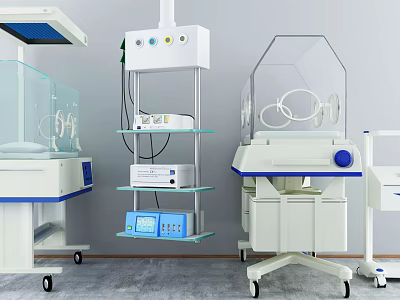Modern Medical Equipment Including Baby Incubator Cart And Stand With Control Panels And Displays 3d model