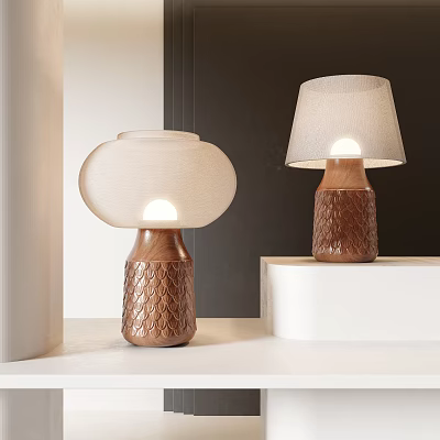 Modern Table Lamps With Textured Wooden Bases And White Fabric Shades Lit On White Surfaces 3d model