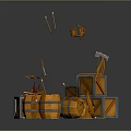 Household Supplies With Orange Barrels Wheels Crates Wooden Sticks And Tool Parts