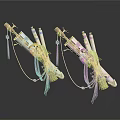 Colorful Scroll Shaped Household Items With Blue Purple Green Straps Tassels And Chains