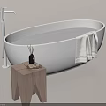 White Oval Bathtub With Floor Mounted Faucet Wooden Stool Aromatherapy Bottle Shells And Towel