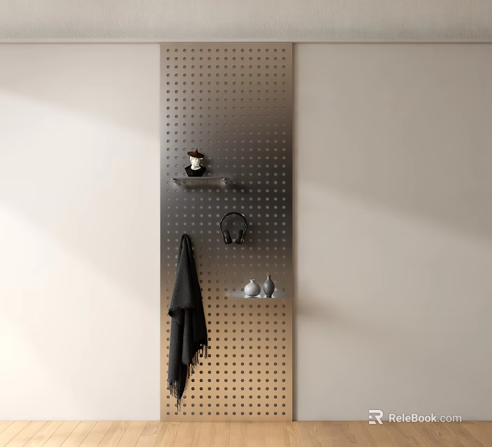 Perforated Wall Panel With Shelves And Decor Items 3d model