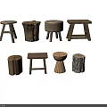 Collection of Various Wooden Stools with Natural Log Shapes Handwoven Seats and Rustic Legs