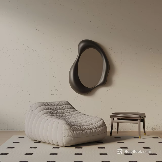 Beige Quilted Leisure Chair With Small Stool And Black Irregular Mirror Against Light Textured Wall 3d model 