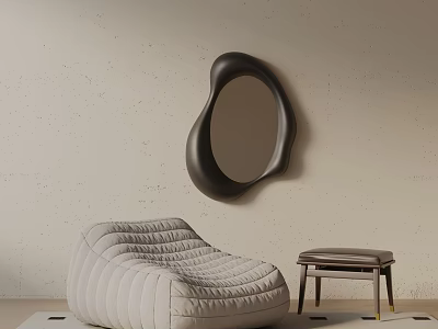 Beige Quilted Leisure Chair With Small Stool And Black Irregular Mirror Against Light Textured Wall 3d model