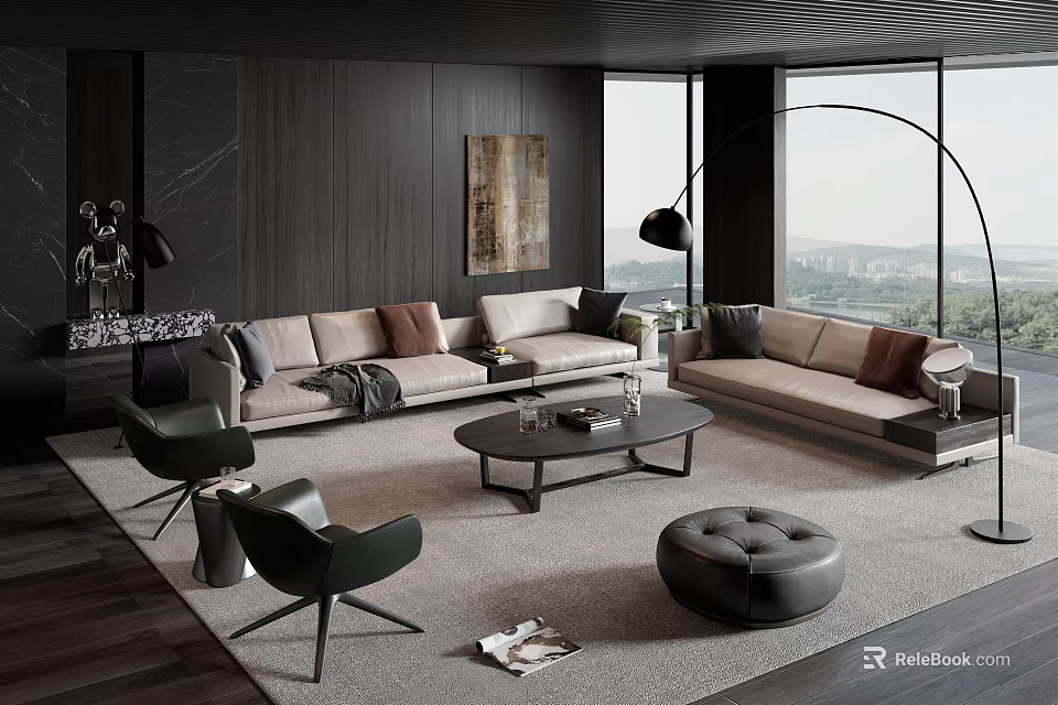 Modern Living Room Interior With Beige Sofa Black Chairs And City View Through Large Windows 3d model 