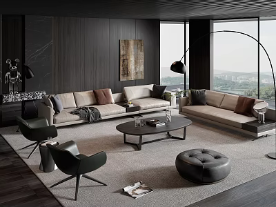 Modern Living Room Interior With Beige Sofa Black Chairs And City View Through Large Windows 3d model