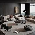 Modern Living Room Interior With Beige Sofa Black Chairs And City View Through Large Windows