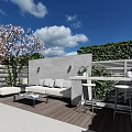 Modern Two Story Building Courtyard Garden Design With Wooden Deck Green Plants And Terraces
