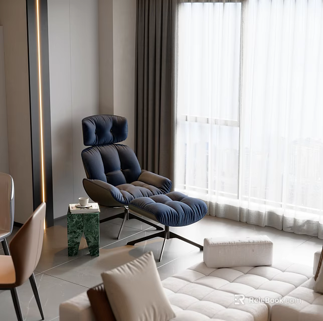 Comfortable Modern Blue Lazy Sofa By Window In Living Room Interior 3d model 