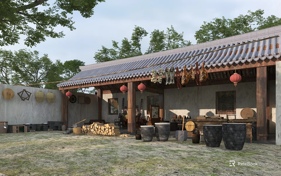 Traditional Chinese Courtyard Garden Featuring Tiled Roof Red Lanterns Dried Foods Firewood And Wooden Buckets 3d model 