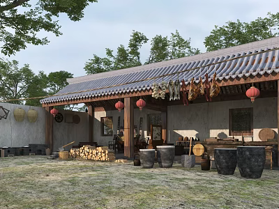 Traditional Chinese Courtyard Garden Featuring Tiled Roof Red Lanterns Dried Foods Firewood And Wooden Buckets 3d model