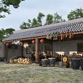 Traditional Chinese Courtyard Garden Featuring Tiled Roof Red Lanterns Dried Foods Firewood And Wooden Buckets