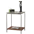 Side Table with White Top Metal Frame Lower Brown Shelf Green Radio Open Magazine