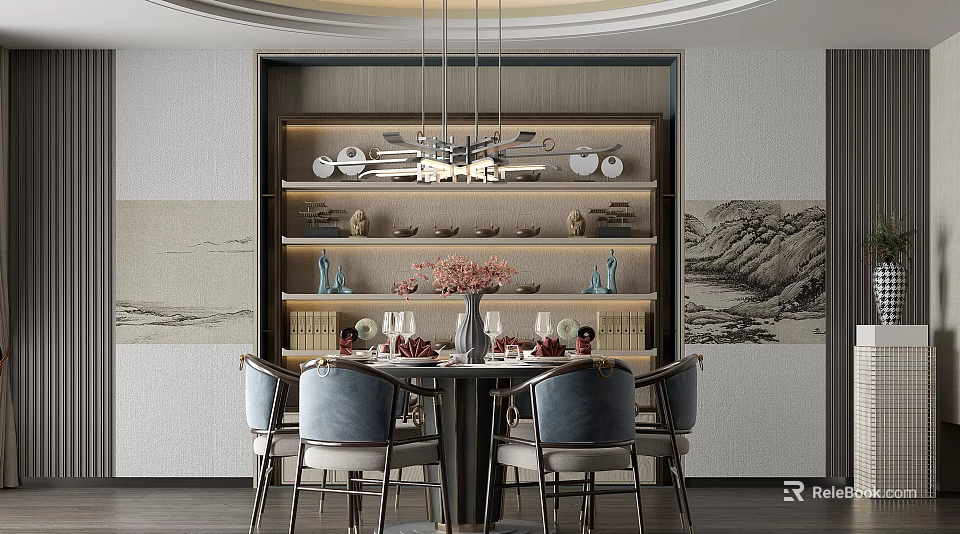 Chinese Style Restaurant Interior With Round Dining Table Gray Chairs And Hanging Chandelier 3d model 