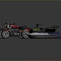 Two Stylish Black and Red Motorcycles with Green ATV and White Jet Ski Displayed Together