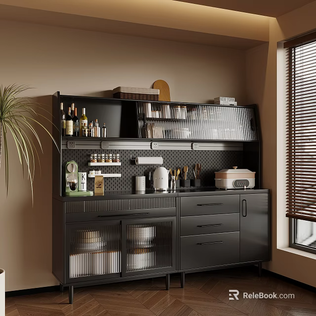 Modern Sideboard Cabinet With Storage Shelves Wine Bottles Glassware Drawers And Kitchen Appliances 3d model 