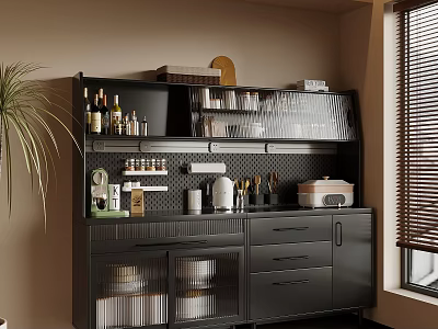 Modern Sideboard Cabinet With Storage Shelves Wine Bottles Glassware Drawers And Kitchen Appliances 3d model