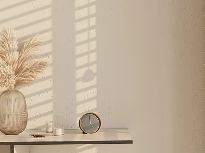 Natural Pampas Grass in Woven Vase on Table with Sunlight Shadows and Wall Background 3d model