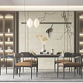 Modern Luxury Restaurant Interior With Chinese Feature Wall Pendant Lights Dining Table Chairs And Bookshelves