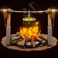 Cartoon Scene With Hanging Cauldron Over Burning Bonfire And Wooden Frame