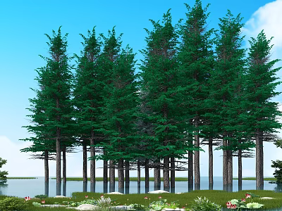 Tall Green Trees Standing by Water with Lush Grass and Blue Sky 3d model