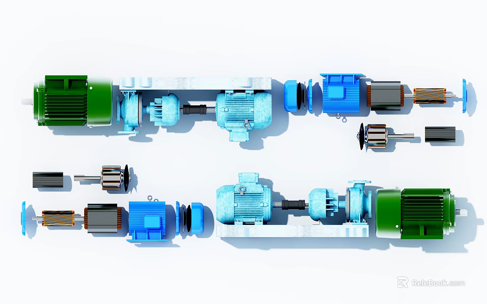 Colorful Industrial Engine Components Featuring Green And Blue Parts Arranged In Rows 3d model 