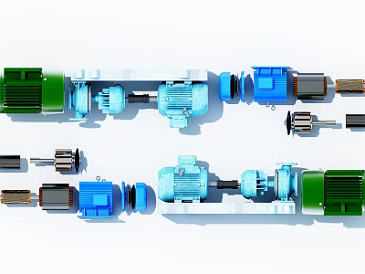 Colorful Industrial Engine Components Featuring Green And Blue Parts Arranged In Rows 3d model