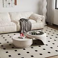 Modern Beige Sofa With White Round Coffee Table Set And Decor On Checkered Rug 3d model