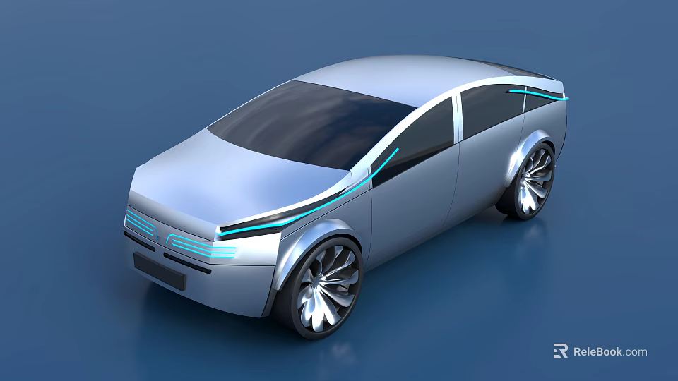 Silver Futuristic Car With Streamlined Body Blue LED Stripes And Large Alloy Wheels 3d model 