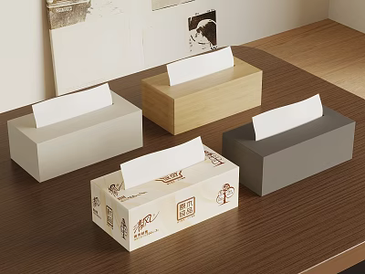 Various Colored Tissue Boxes As Home Living Supplies On Wooden Table 3d model
