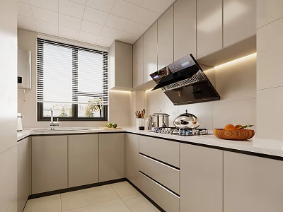 Modern Kitchen Interior With White Cabinets Black Range Hood And Marble Countertop 3d model